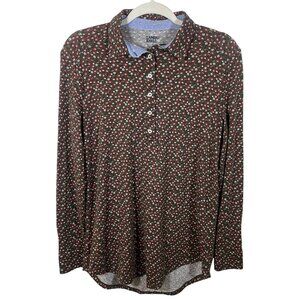 Lands End Floral Print Long Sleeve Polo Shirt Women S Brown Classic Preppy